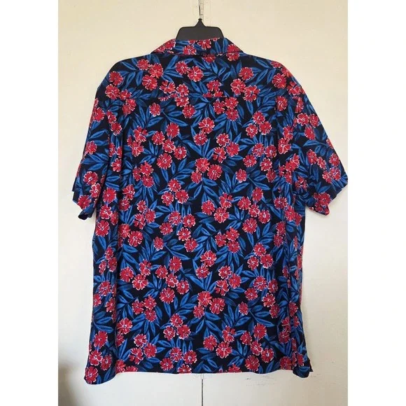 Lands End Hawaiian Camp Shirt Sz L Bright Blue/Red Rayon Cotton Blend **EUC ** - Picture 2 of 4